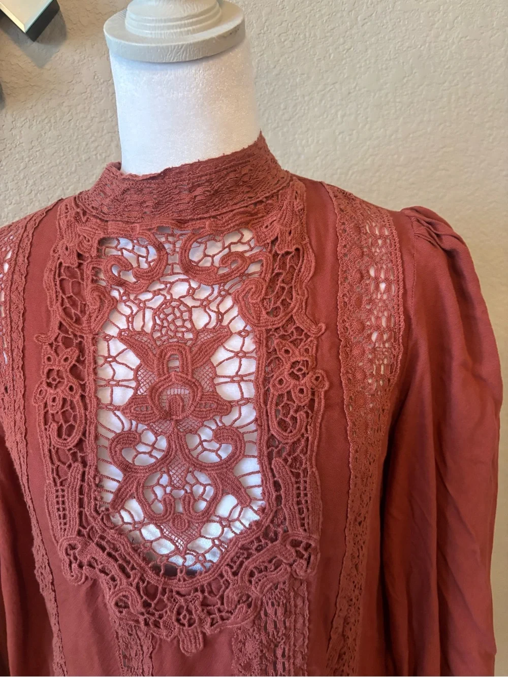 Free People Dusty Rust Lace Inset Victorian Blouse